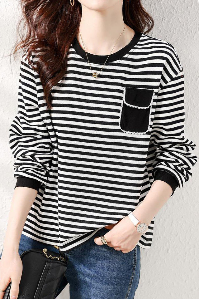 レース装飾フラップポケットボーダーTシャツ - liwisi
