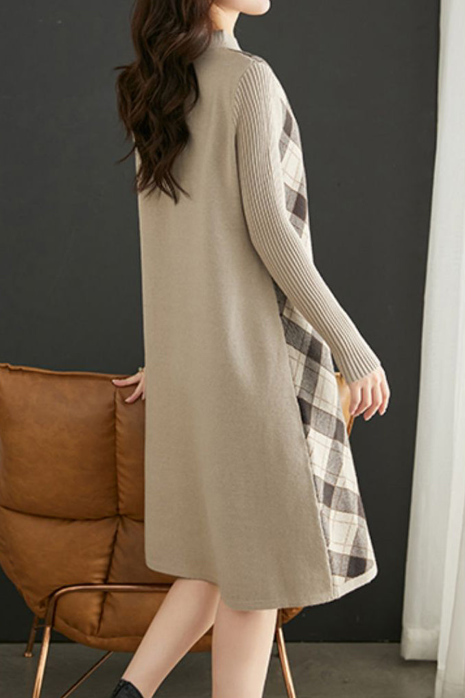 アシンメトリーチェック切替ロングニットワンピース - liwisi