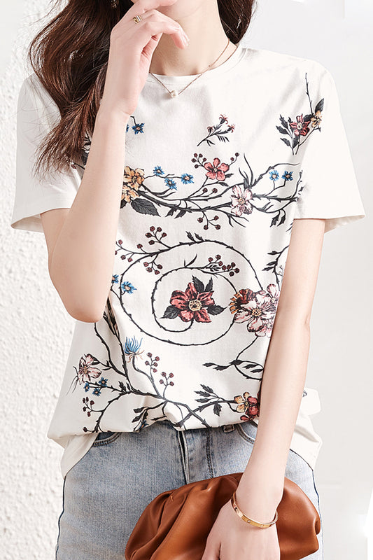 ラウンドネックフラワープリントTシャツ - liwisi