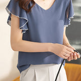 Ⅴネックフリル袖シフォンブラウス　3色入 - liwisi
