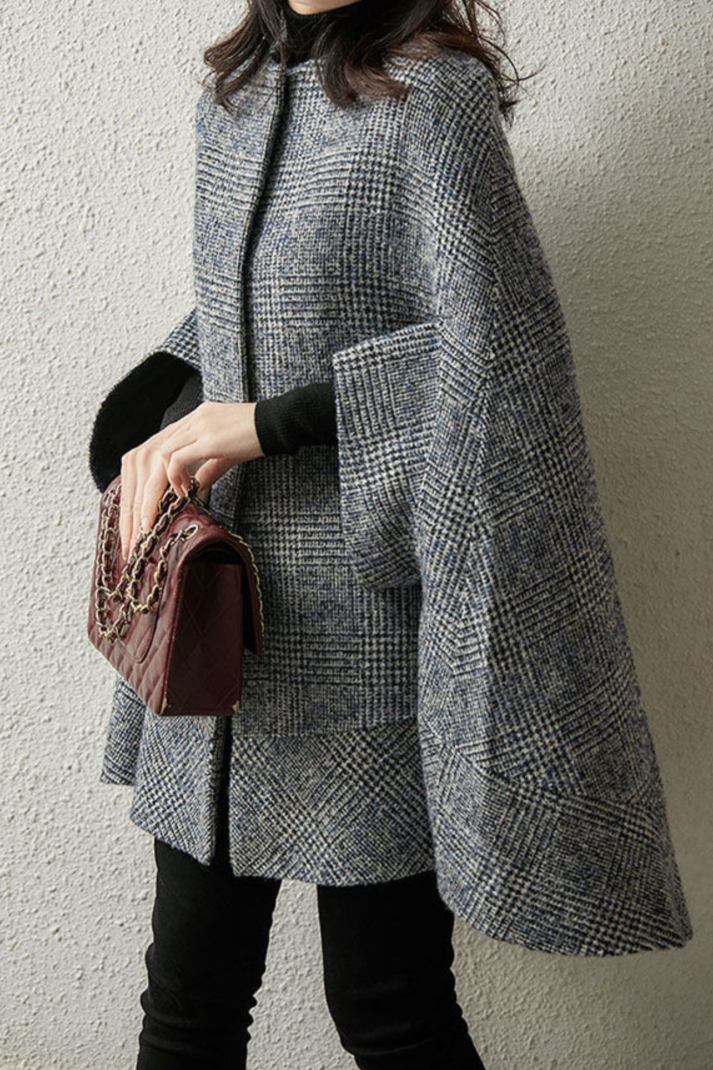 レトログレンチェックロングメルトンケープ　裏地付 - liwisi