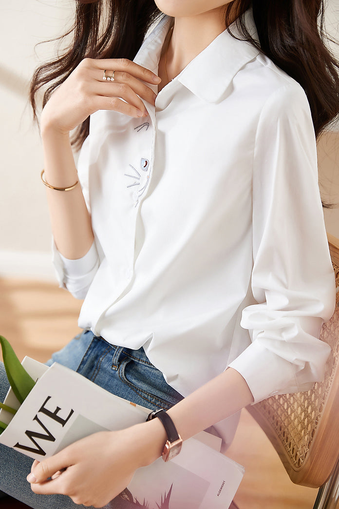 Front Cat Embroidery Long Sleeve Shirt – liwisi