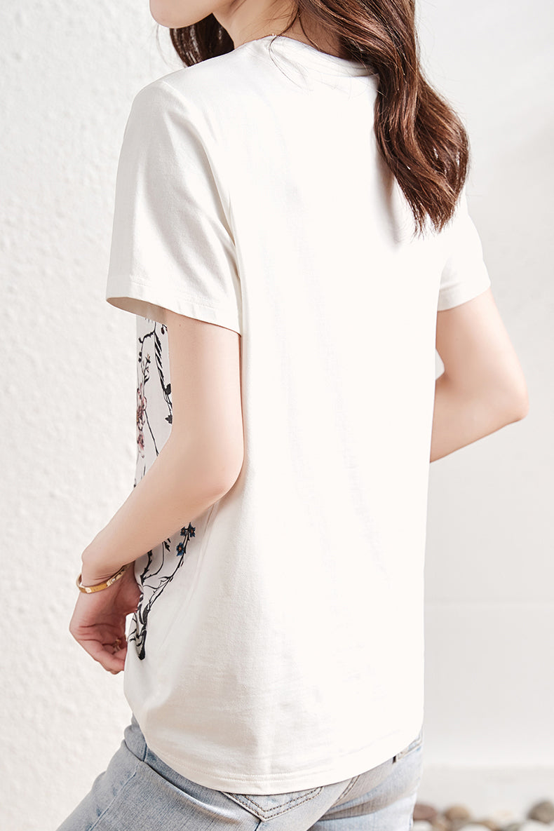 ラウンドネックフラワープリントTシャツ - liwisi