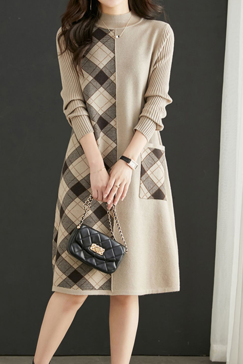 アシンメトリーチェック切替ロングニットワンピース - liwisi