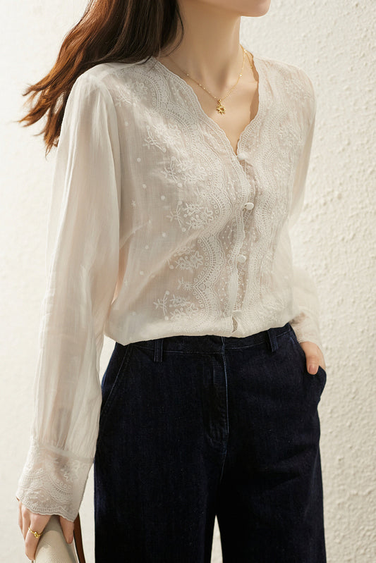 フロントカットワーク刺繡レースリネンブラウス - liwisi