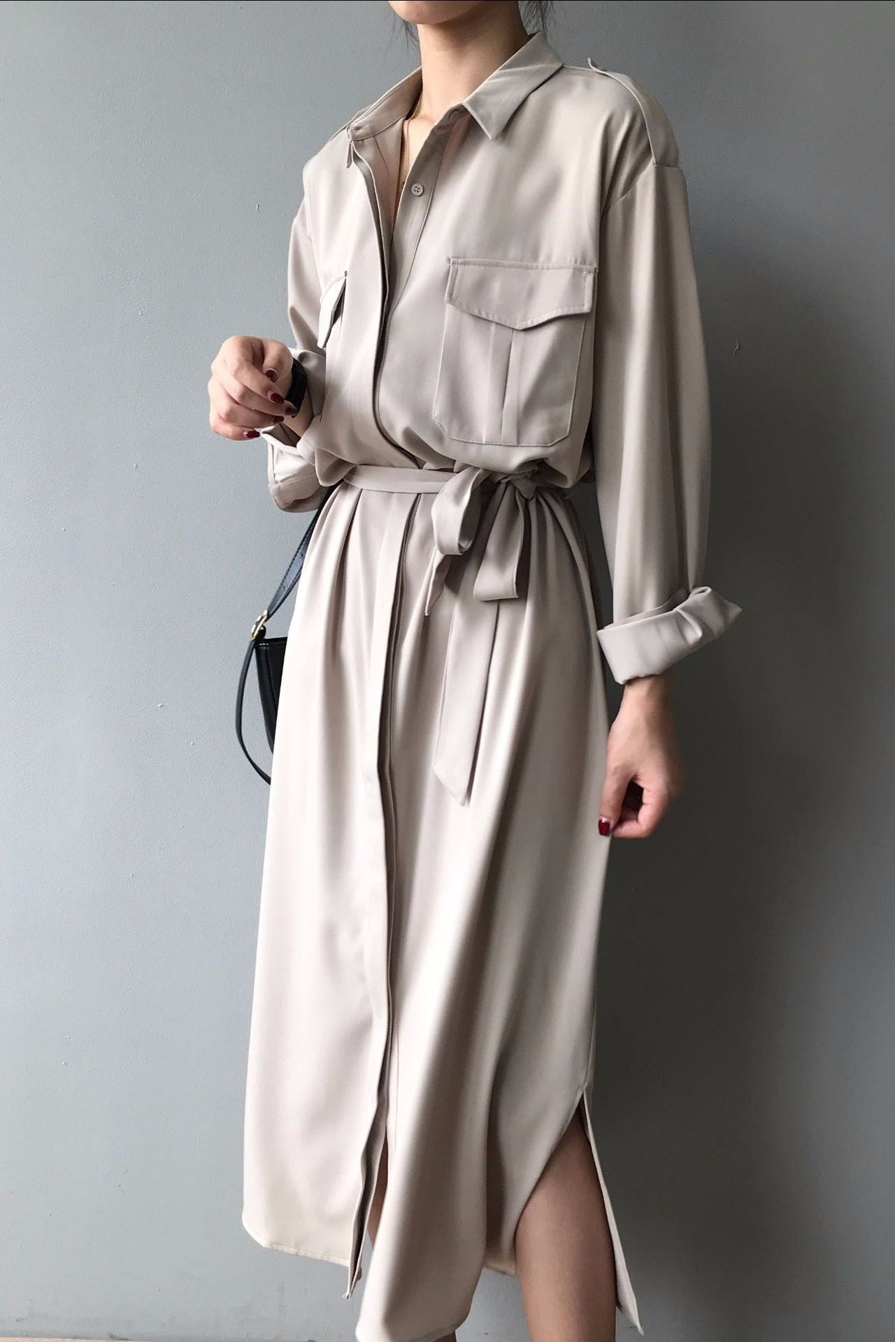 サイドスリット比翼前立てロングシャツワンピース　3色入 - liwisi