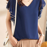 Ⅴネックフリル袖シフォンブラウス　3色入 - liwisi