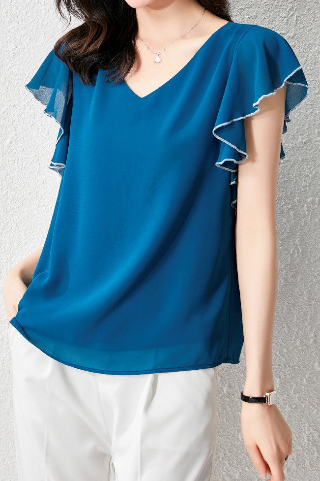Ⅴネックフリル袖シフォンブラウス　3色入 - liwisi