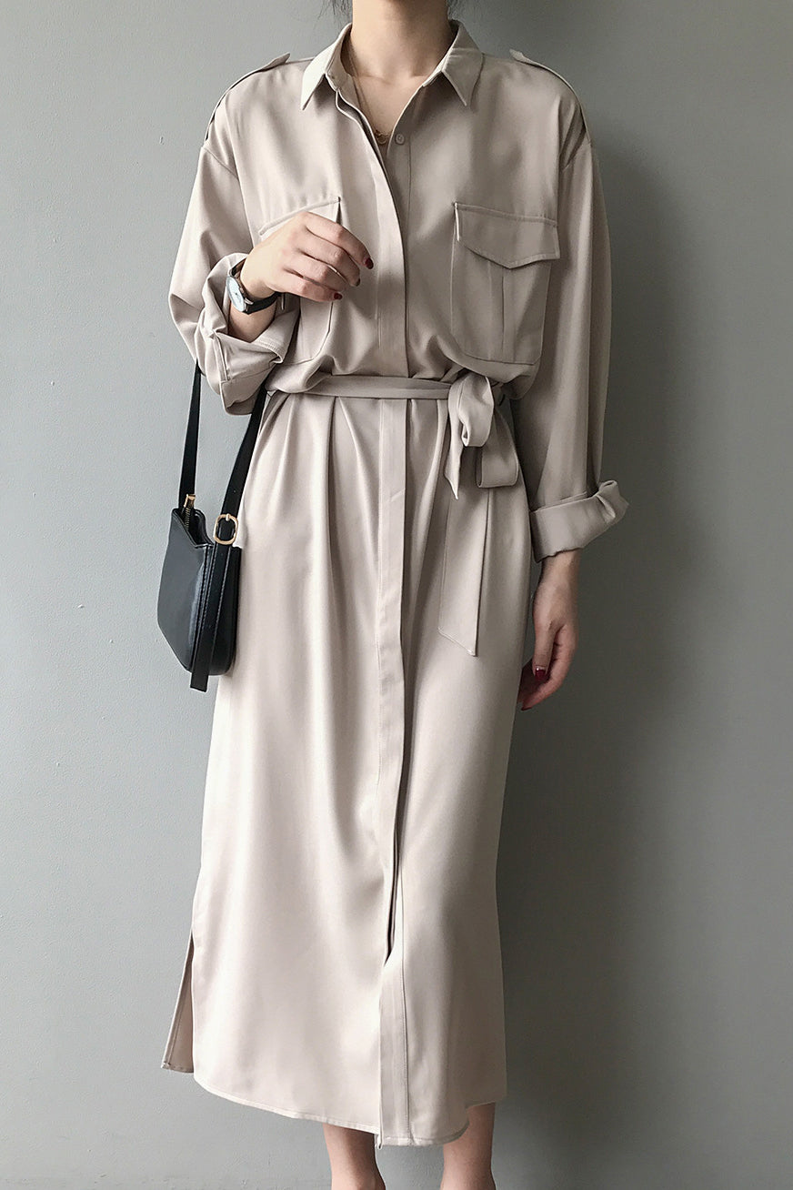 サイドスリット比翼前立てロングシャツワンピース　3色入 - liwisi