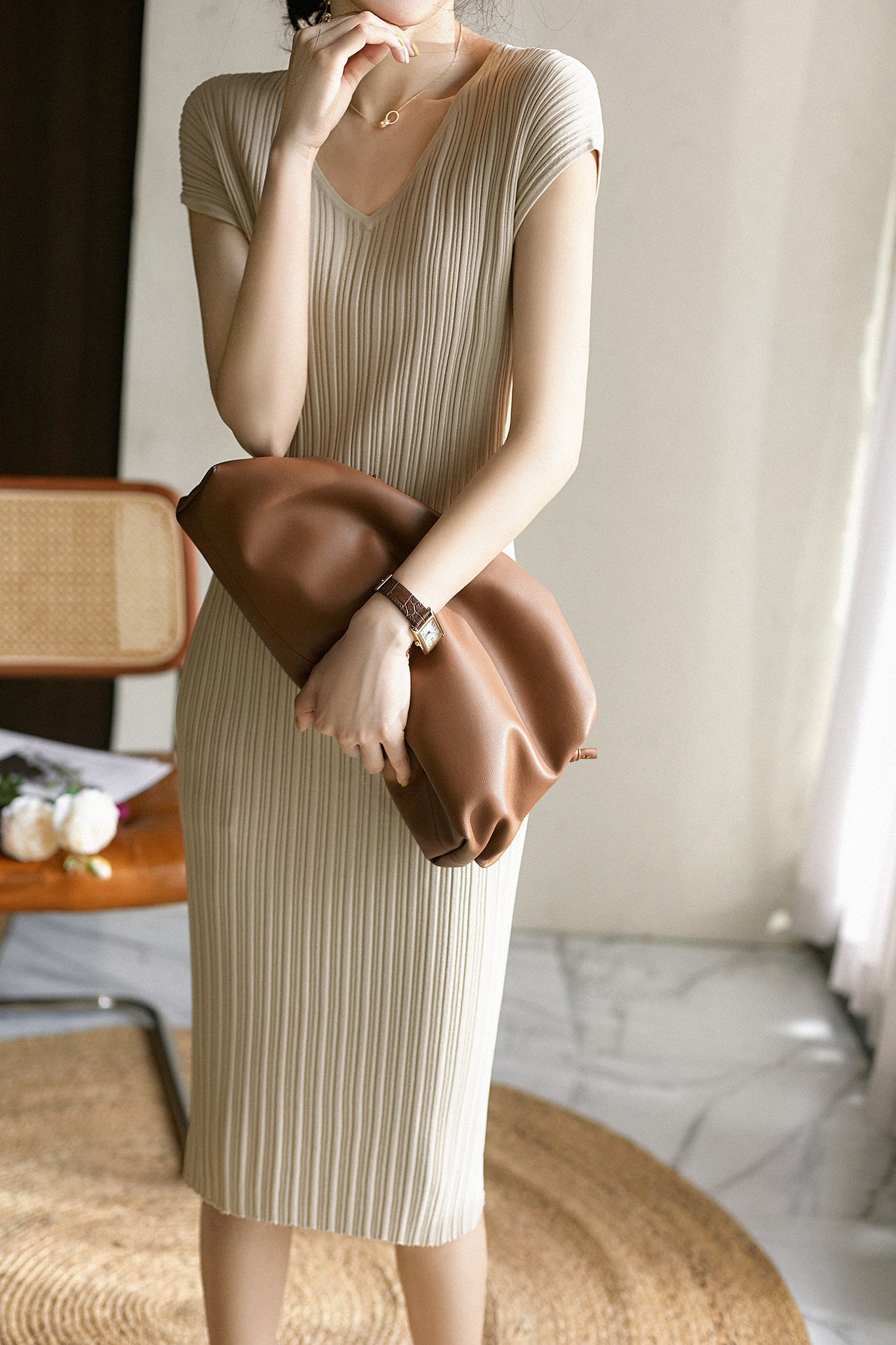 Ⅴネックフィットリブニットワンピース　3色入 - liwisi
