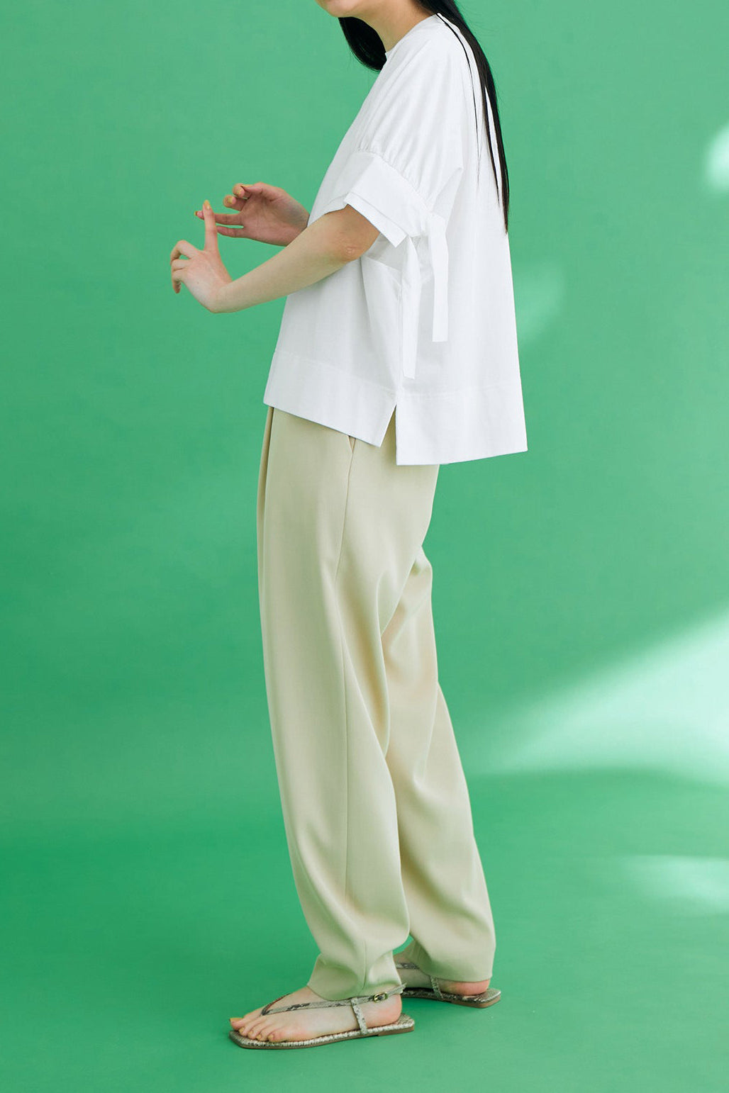 異素材ラウンドネックリボン袖Tシャツ　3色入 - liwisi