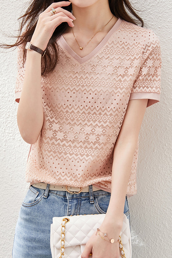 VネックチュールレースTシャツ　裏地付　2色入 - liwisi