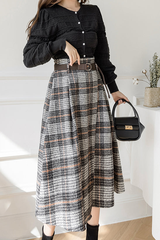 ハイウエストチェックロングラップフレアスカート　4色入 - liwisi
