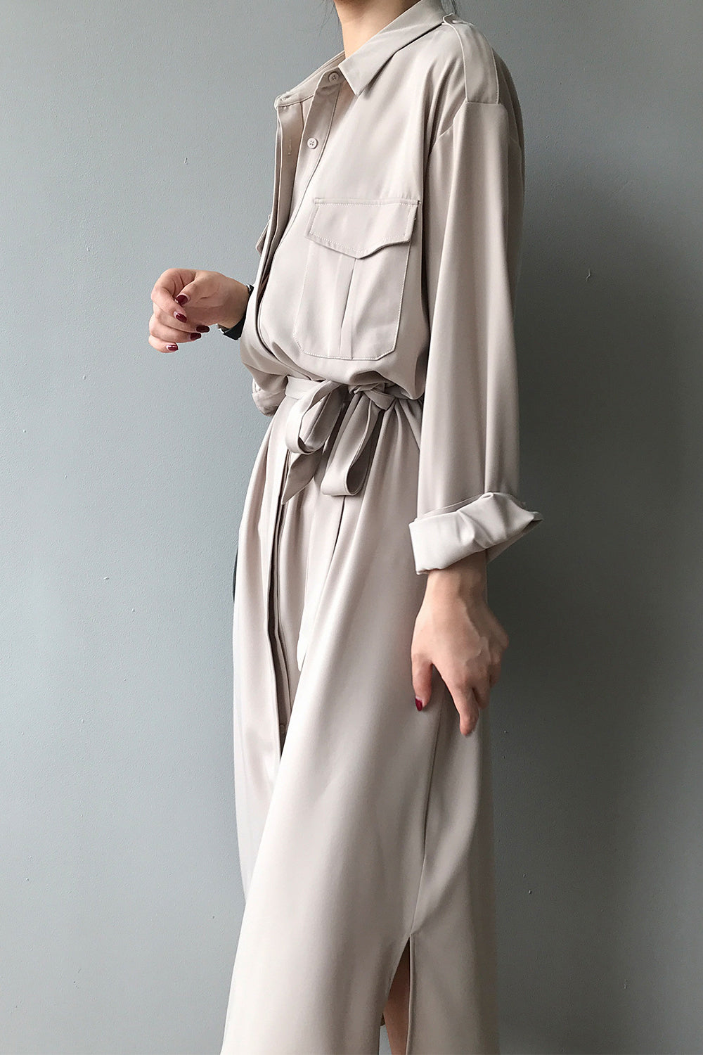 サイドスリット比翼前立てロングシャツワンピース　3色入 - liwisi
