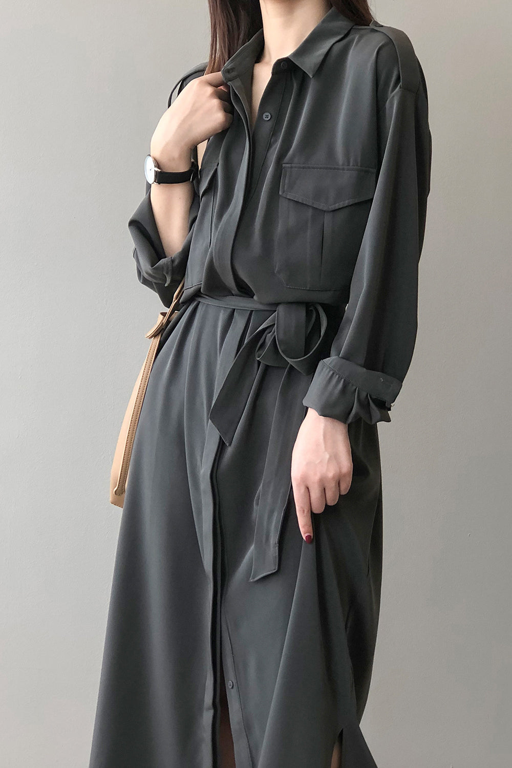 サイドスリット比翼前立てロングシャツワンピース　3色入 - liwisi