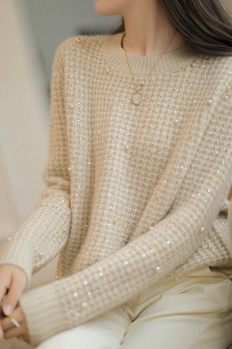 モックネックパール装飾長袖セーター　2色入 - liwisi