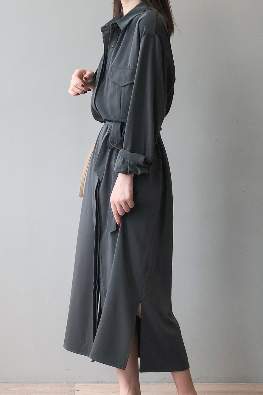 サイドスリット比翼前立てロングシャツワンピース　3色入 - liwisi