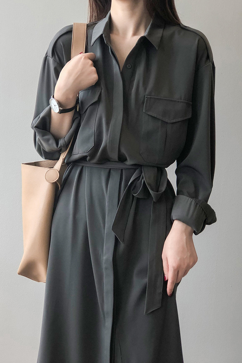 サイドスリット比翼前立てロングシャツワンピース　3色入 - liwisi
