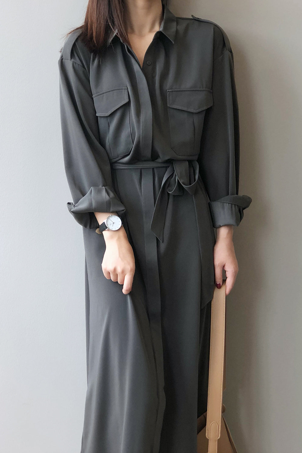 サイドスリット比翼前立てロングシャツワンピース　3色入 - liwisi