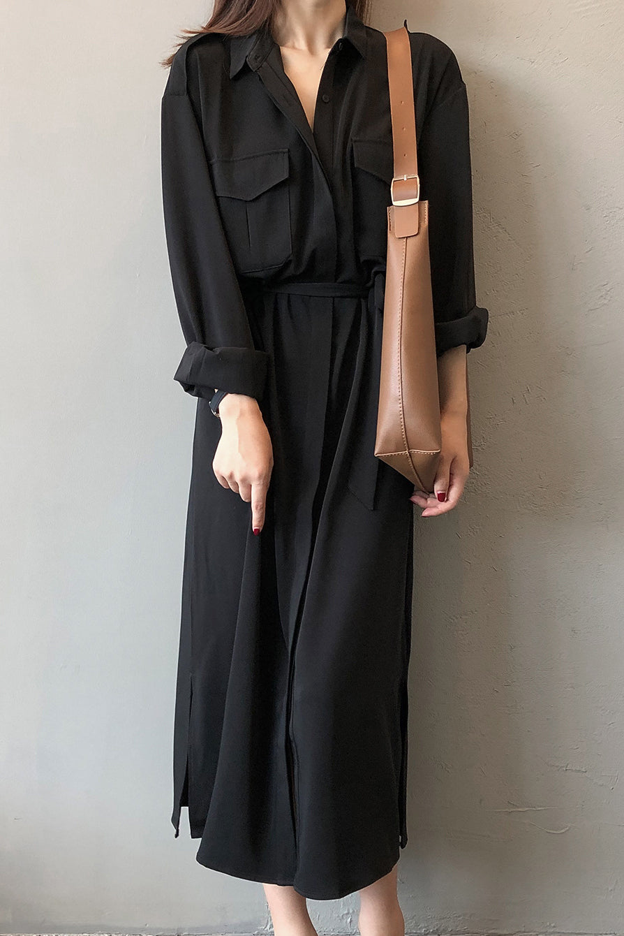 サイドスリット比翼前立てロングシャツワンピース　3色入 - liwisi
