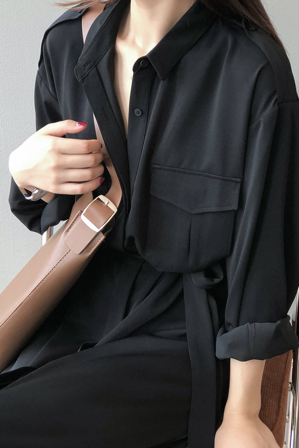 サイドスリット比翼前立てロングシャツワンピース　3色入 - liwisi