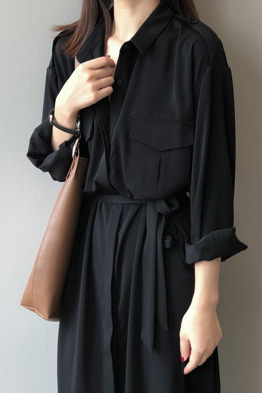 サイドスリット比翼前立てロングシャツワンピース　3色入 - liwisi