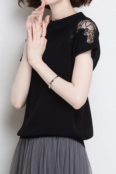 ラウンドネック刺繍レース切替ニットトップス　4色入 - liwisi