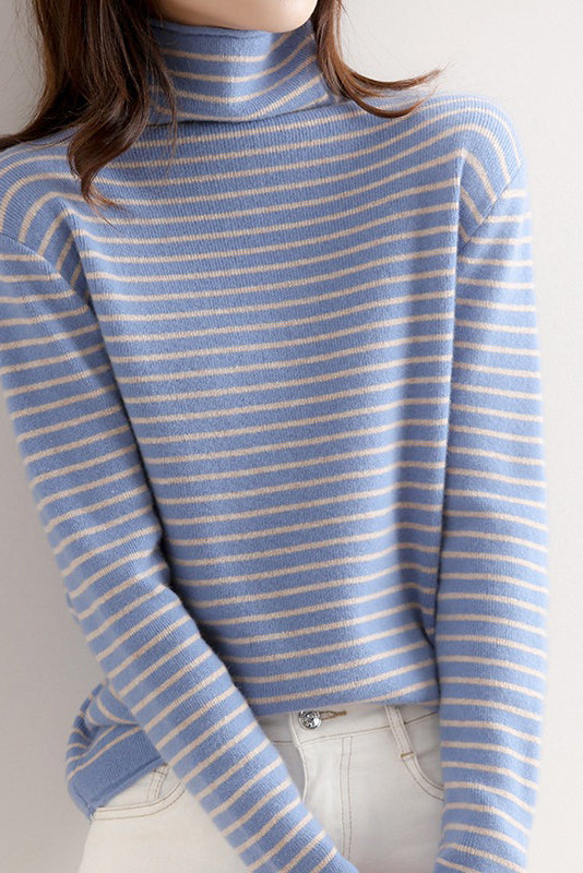 ハイネックベーシックボーダー柄ニットトップス　6色入 - liwisi