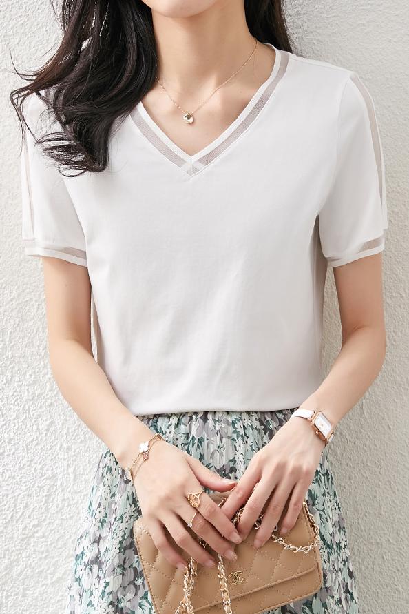 Vネックラインオーガンジー切替Tシャツ　5色入 - liwisi