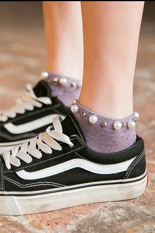 パールビーズ装飾スリット糸コットンソックス　6色入 - liwisi