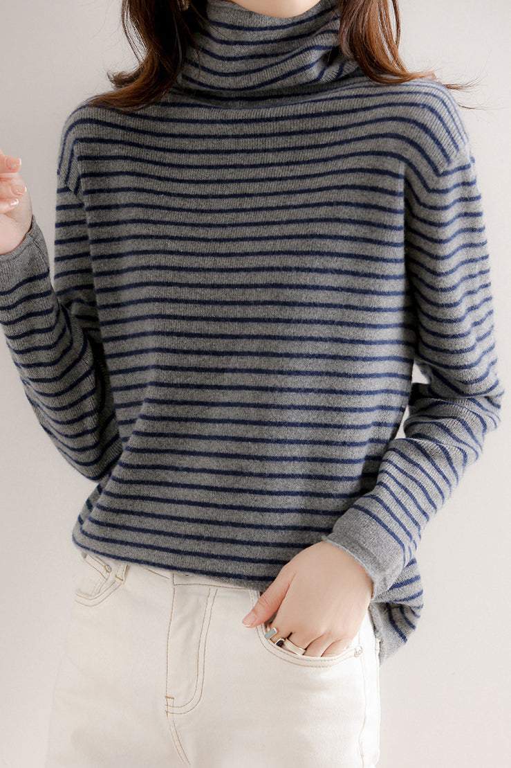 ハイネックベーシックボーダー柄ニットトップス　6色入 - liwisi