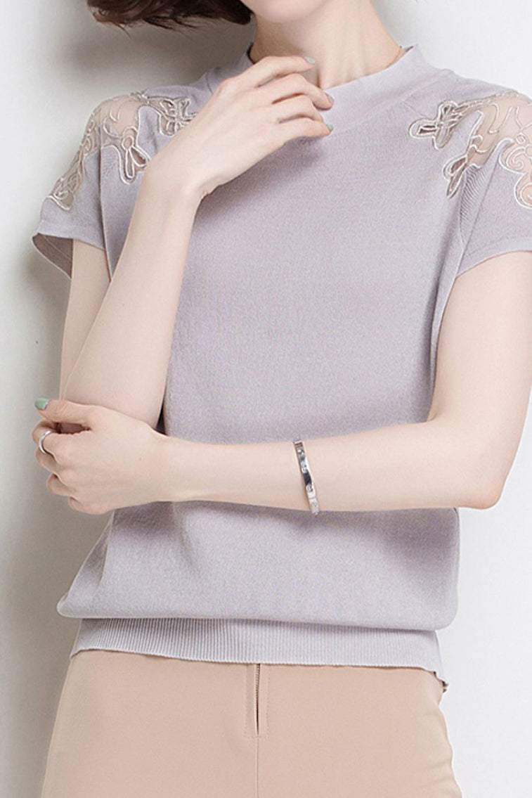 ラウンドネック刺繍レース切替ニットトップス　4色入 - liwisi