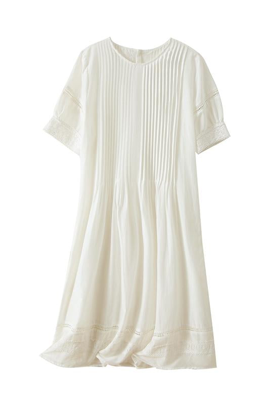 ラウンドネックピンタックレース切替ワンピース　インナー付　2色入 - liwisi