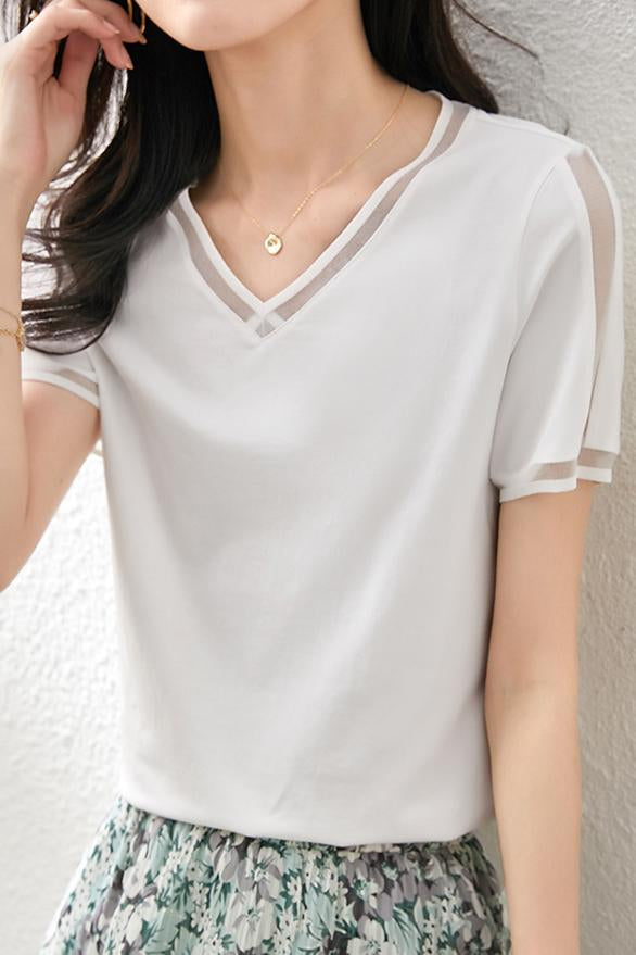 Vネックラインオーガンジー切替Tシャツ　5色入 - liwisi