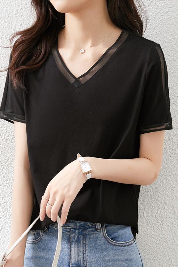 Vネックラインオーガンジー切替Tシャツ　5色入 - liwisi