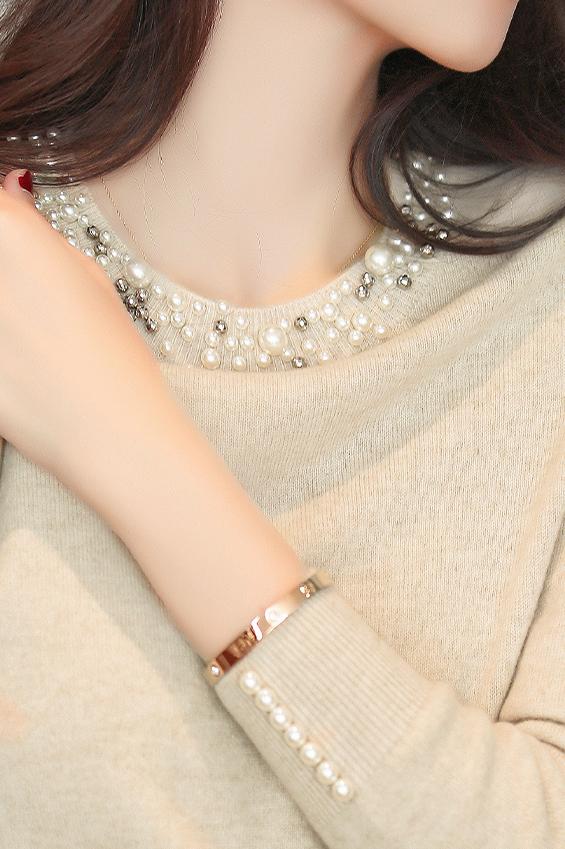 裏起毛パールビーズ装飾ニットトップス　2色入 - liwisi