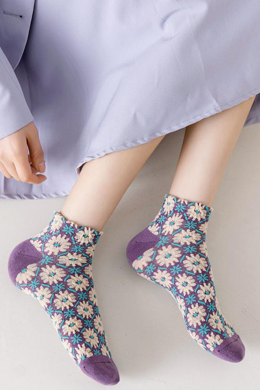 レトロバイカラージャガードコットンソックス　5色入 - liwisi