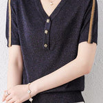 Vネック異色テープ装飾スリット糸ニット　2色入 - liwisi