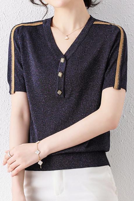 Vネック異色テープ装飾スリット糸ニット　2色入 - liwisi