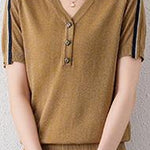 Vネック異色テープ装飾スリット糸ニット　2色入 - liwisi