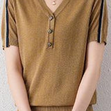 Vネック異色テープ装飾スリット糸ニット　2色入 - liwisi