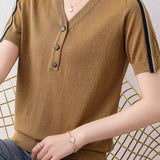 Vネック異色テープ装飾スリット糸ニット　2色入 - liwisi