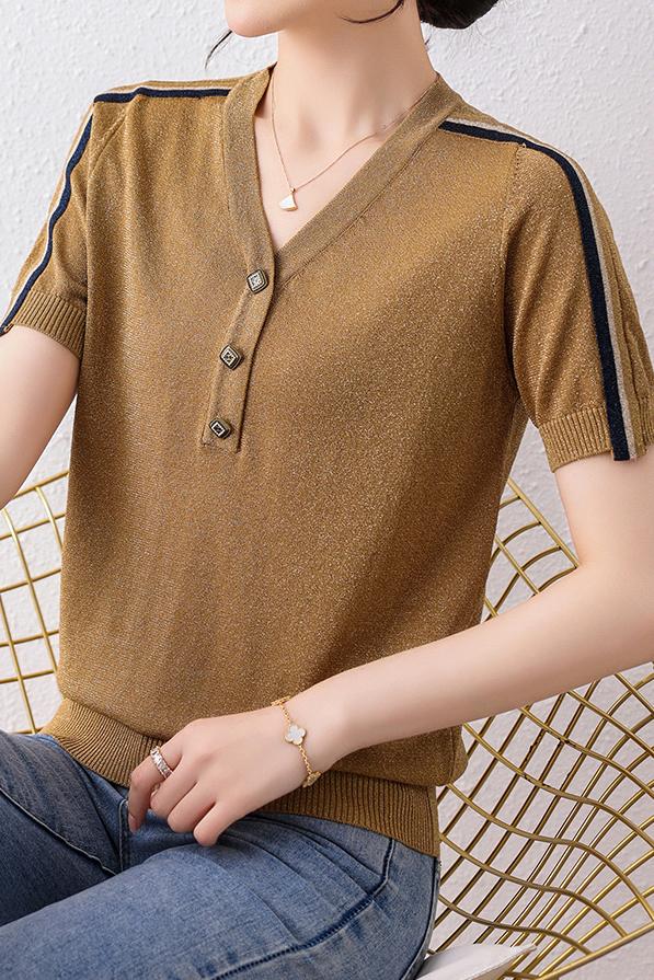 Vネック異色テープ装飾スリット糸ニット　2色入 - liwisi