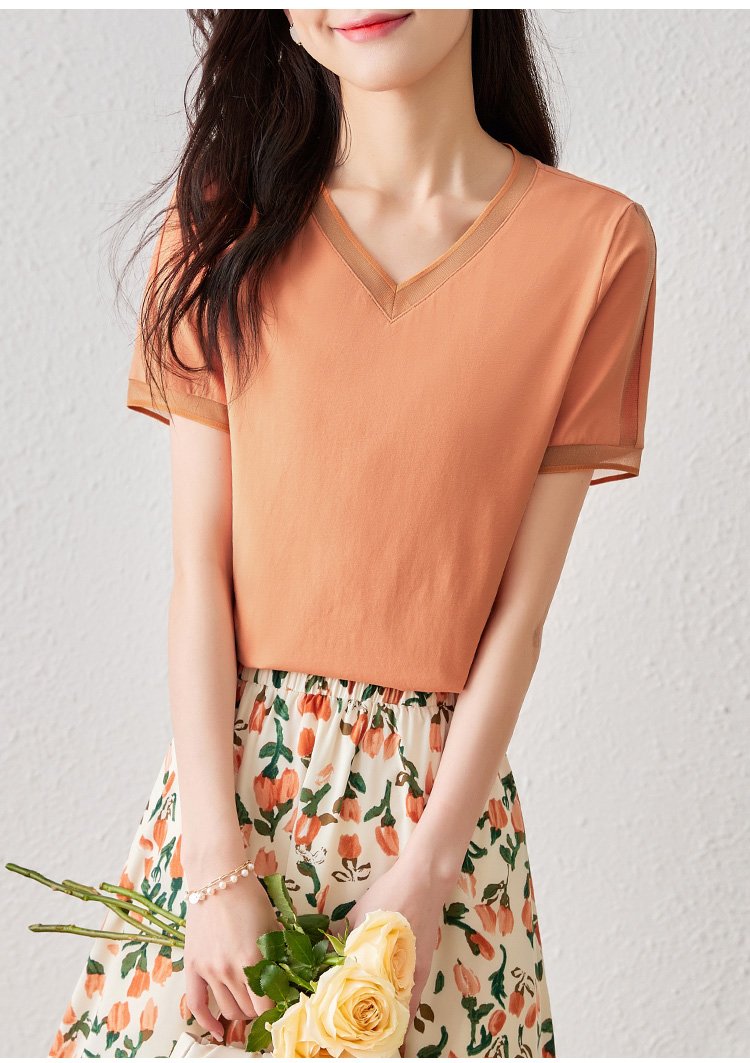 Vネックラインオーガンジー切替Tシャツ　5色入 - liwisi