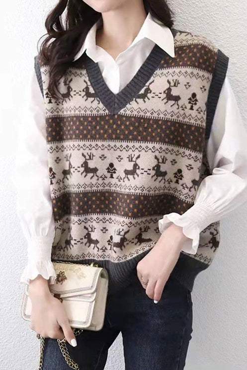 Ｖネックレトロフェアアイルニットベスト　3色入 - liwisi