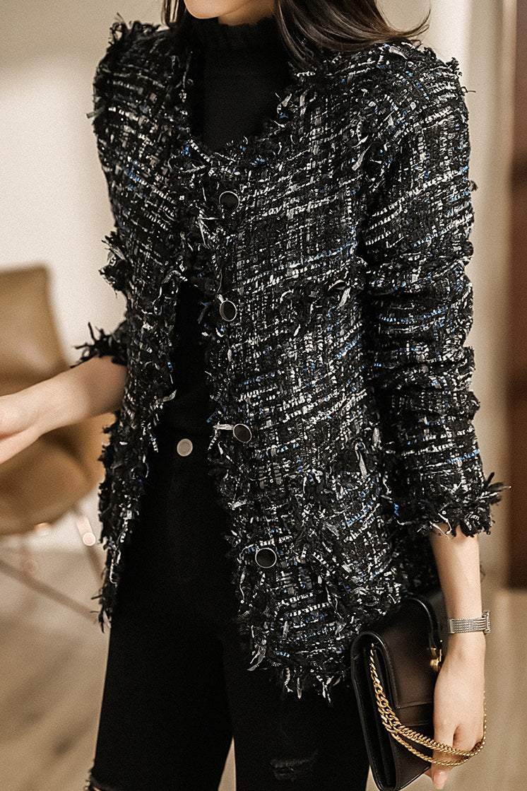 Chanel-style Slit Yarn Fringe Hem Tweed Jacket with Lining – liwisi