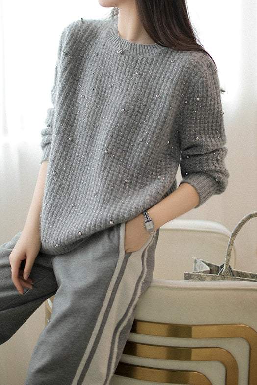モックネックパール装飾長袖セーター　2色入 - liwisi