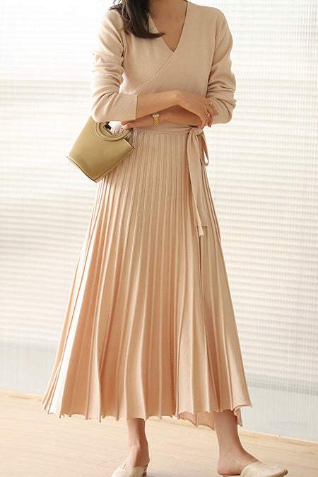 サープリスネックプリーツ切替ベルテッドロングニットワンピース　9色入 - liwisi