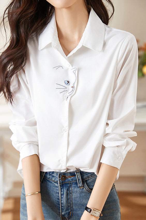 Front cat embroidery long sleeve shirt