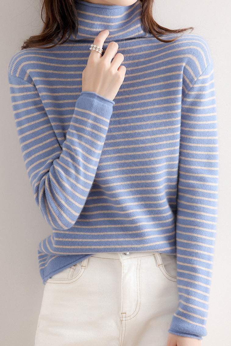 ハイネックベーシックボーダー柄ニットトップス　6色入 - liwisi